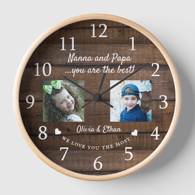 Best Nanna and Papa Grandkids Foto Collage Holz Uhr (Vorderseite)