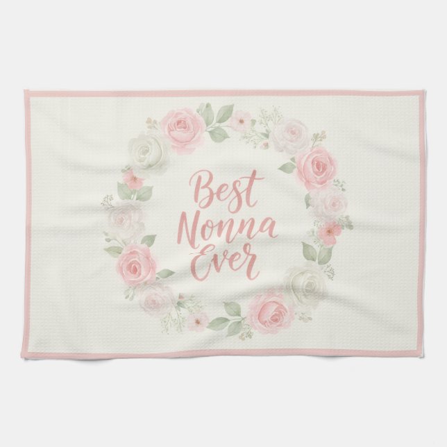 Best Nonna Ever Pink & Green Floral Wreath Geschirrtuch (Horizontal)