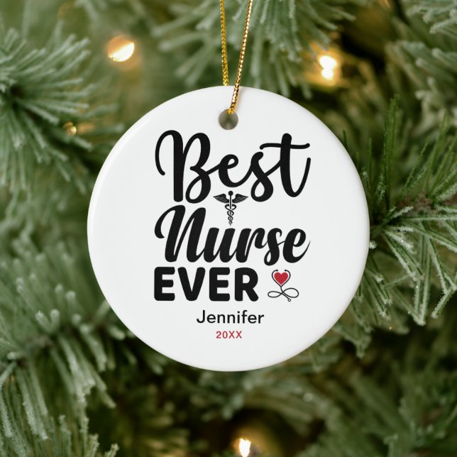 Best Nurse je Caduceus Herz Personalisiert Keramik Ornament (Baum)