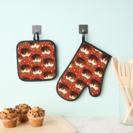 Best of Christmas pudding pattern oven mitt and po Ofenhandschuh & Topflappen-Set