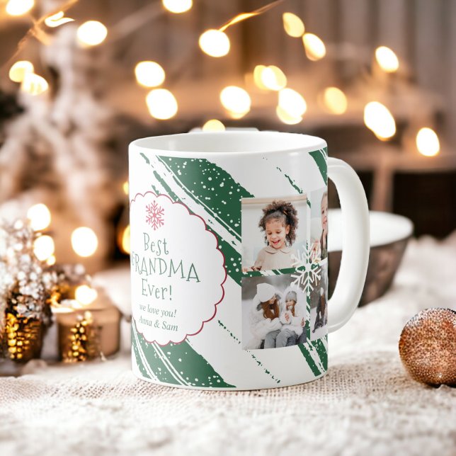 Best Oma 5 Fotos Weihnachtsstreifen grün Kaffeetasse (Best grandma 5 photos Christmas stripes snow green Coffee Mug)