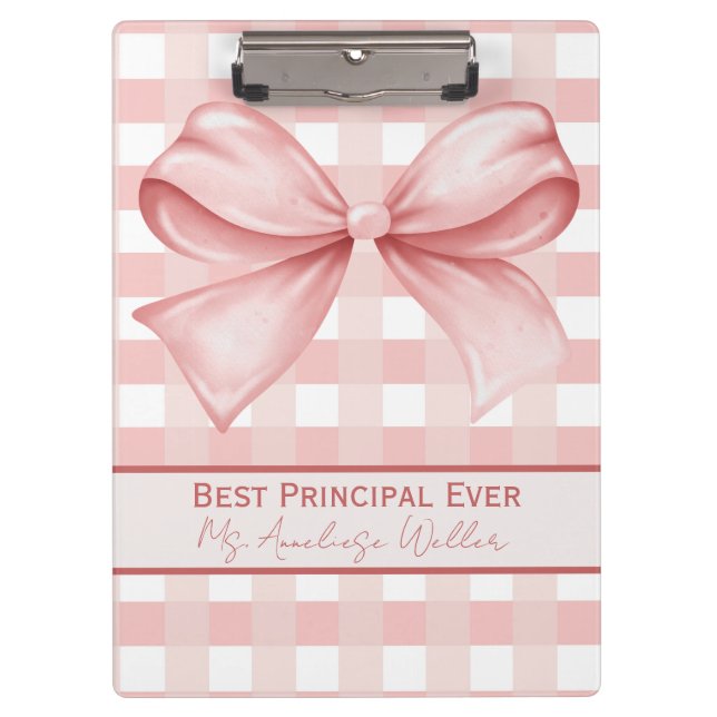 Best Principal Ever Personalized Gingham Bow Klemmbrett (Vorderseite)
