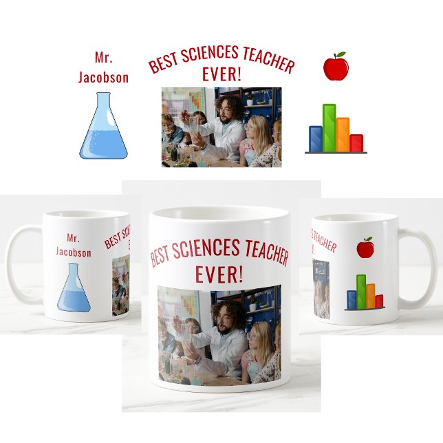 Best Sciences Teacher Ever Name Appreciation Foto Kaffeetasse (Best Sciences Teacher Ever photo mug. Name. Beaker. Bar Graph. Apple. Cute teacher appreciation mug)