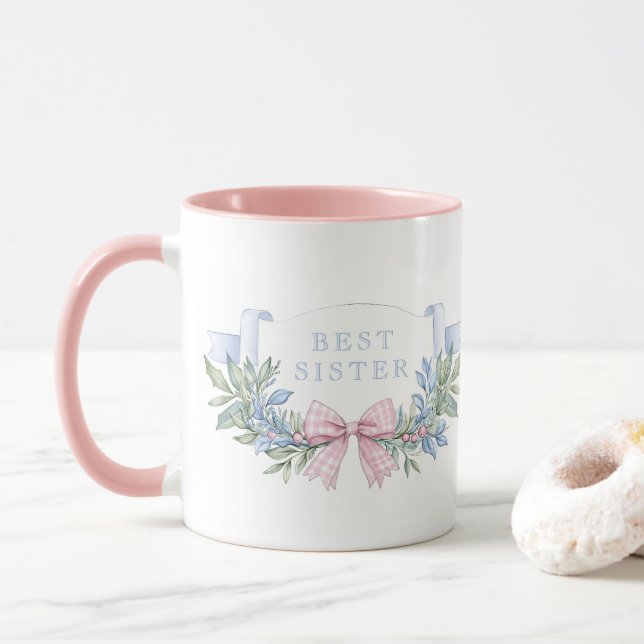 Best Sister | Pink Gingham Grandmillennial Tasse (Mit Donut)