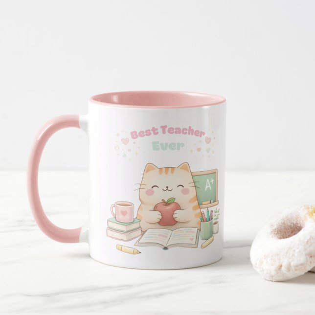 Best Teacher Ever Cute Kawaii Kitty Cat Sweet Pink Tasse (Mit Donut)