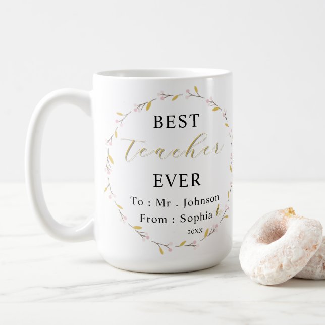 Best Teacher Ever Mug – Custom Name Sip of Thanks  Kaffeetasse (Mit Donut)
