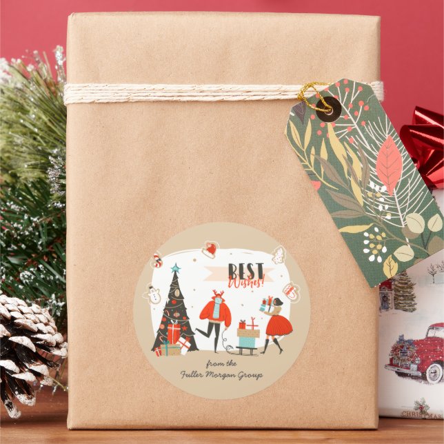 Best wünscht Weihnachten | Retro Mitte des Jahrhun Runder Aufkleber (Feiertag)