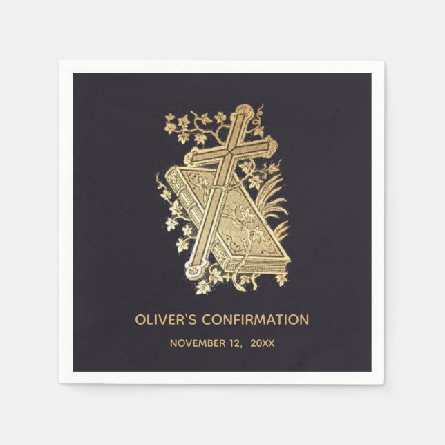 Bestätigung Boy Gold Cross Book Vintag Black Serviette (Vorderseite)