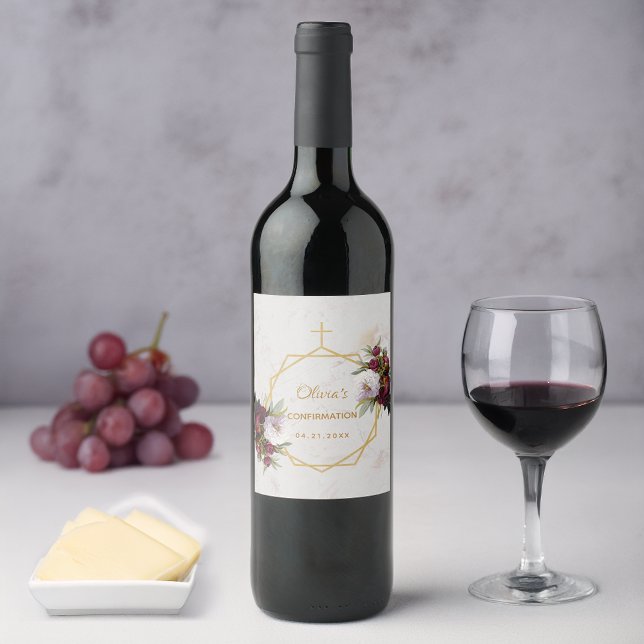 Bestätigung Burgundy Peonies Gold Marble Floral Weinetikett (Von Creator hochgeladen)