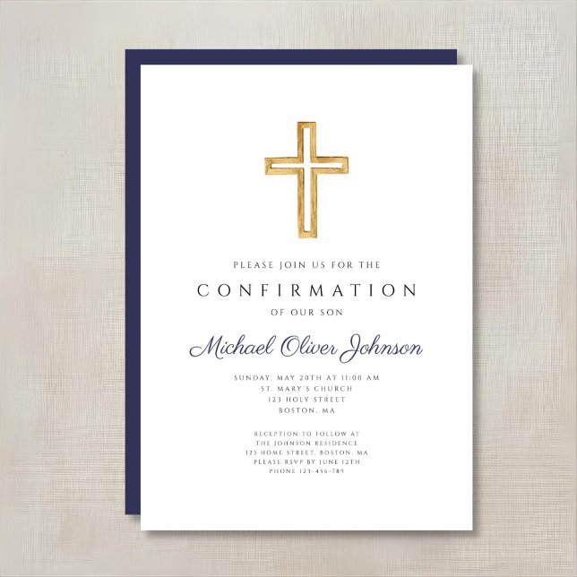 Bestätigung der Blue Religious Cross Boy Einladung (Navy Blue Religious Cross Boy Confirmation Invitation)
