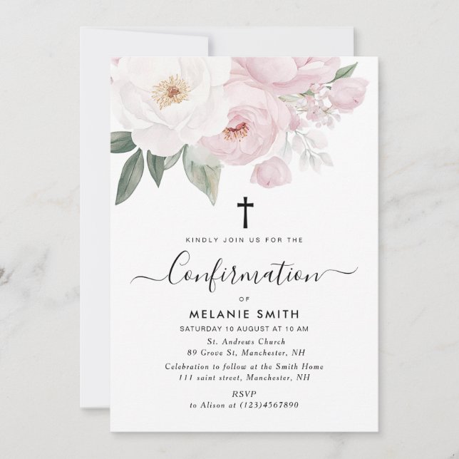 Bestätigung der Farbe Rosa und Weiß mit Blumen Einladung (Vorderseite)