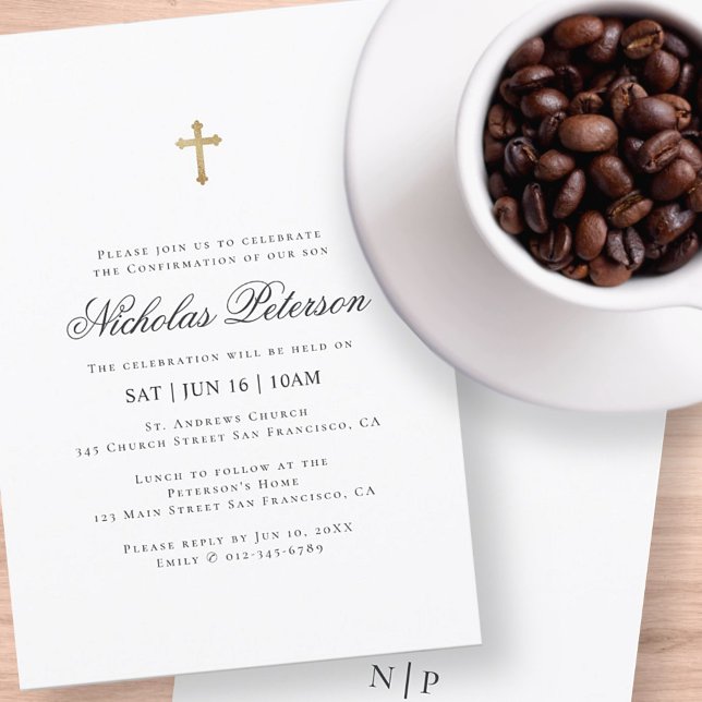 Bestätigung für ihn | Minimalistisches Goldkreuz Einladung (Von Creator hochgeladen)