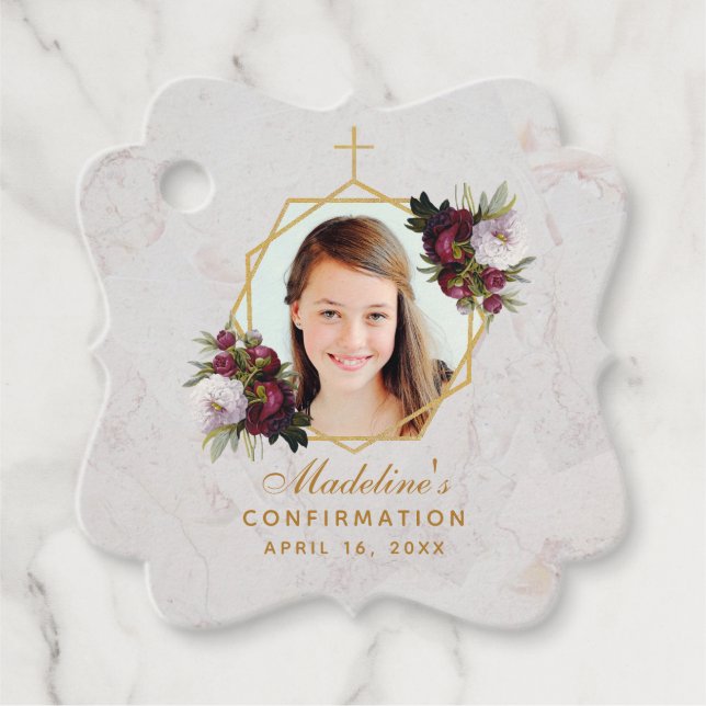 Bestätigung Girl Foto Burgundy Peonies Gold Geschenkanhänger (Vorderseite)