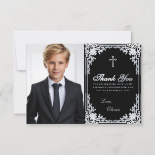 Bestätigung Jungen Foto Schwarz Elegant Vintage Kr Dankeskarte