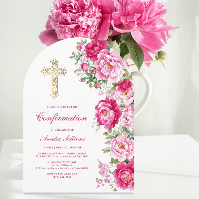 Bestätigung mit heißen rosa Pfingstrosenbogen Einladung (Von Creator hochgeladen)