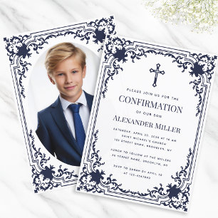 Bestätigung Navyblaue Jungen-Foto Vintage Elegant Einladung