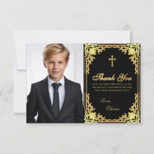 Bestätigung Vintage Schwarz Falschgold Junge Foto Dankeskarte