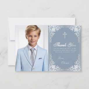 Bestätigung Vintages Dusty Blue Silver Boy Foto Dankeskarte