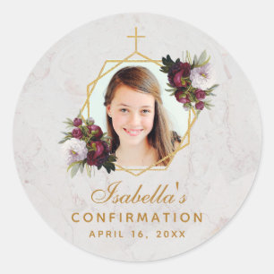 Bestätigungs Mädchen Foto Gold Bordeaux Pfingstros Runder Aufkleber