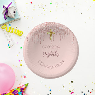 Bestätigungsgirl Rose Gold Glitzer Tropfen Name Pappteller