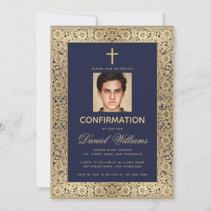 Bestätigungsjungen-Foto Marineblau Gold Rosen Schr Einladung