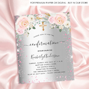 Bestätigungsmädchen Silber rosa Blumeneinladung Flyer