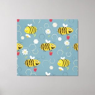 Bestäubende Bienen, blühende Gartenlandschaft. Leinwanddruck