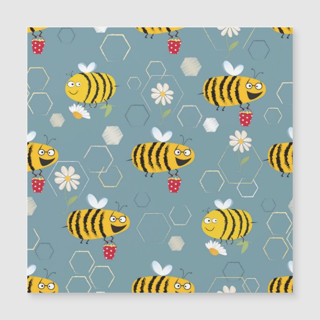 Bestäubende Bienen, blühende Gartenlandschaft. Magnetkarte (Vorderseite)