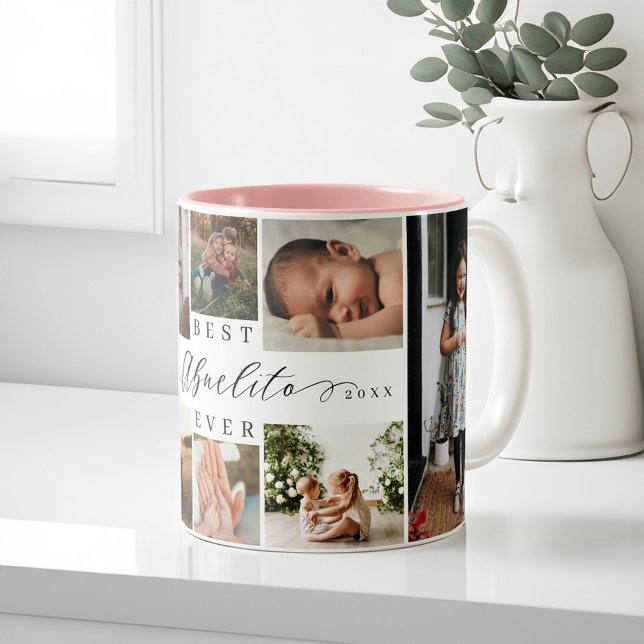 Beste Abuelito Ever Elegantes Skript 8 FotoCollage Zweifarbige Tasse (Best Abuelito Ever Elegant Script 8 Photo Collage Two-Tone Coffee Mug)