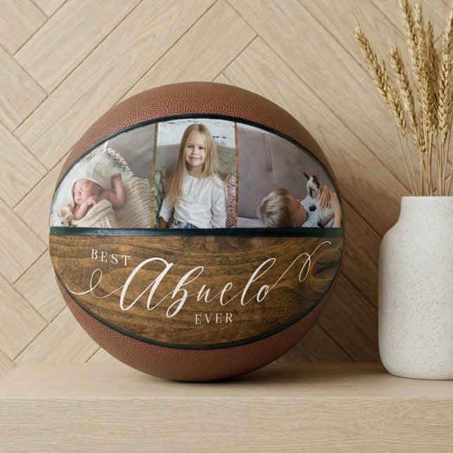 Beste Abuelo je Script Woodgrain FotoCollage Basketball (Best Abuelo Ever Script Woodgrain Photo Collage Basketball)