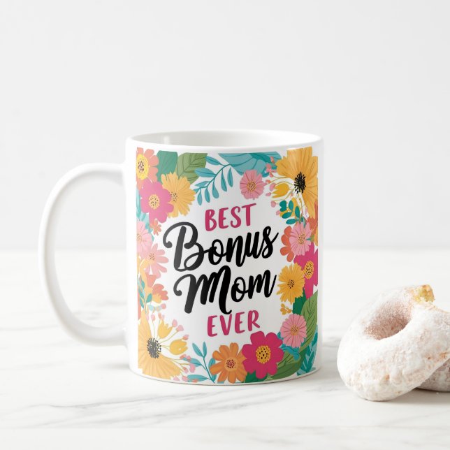 Beste Bonus-Mama je Tasse - BlumenMuttertagsgesche (Mit Donut)