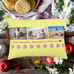 Beste Bonus Mama je, w/ Herz. Name + 3 Fotos Dekokissen