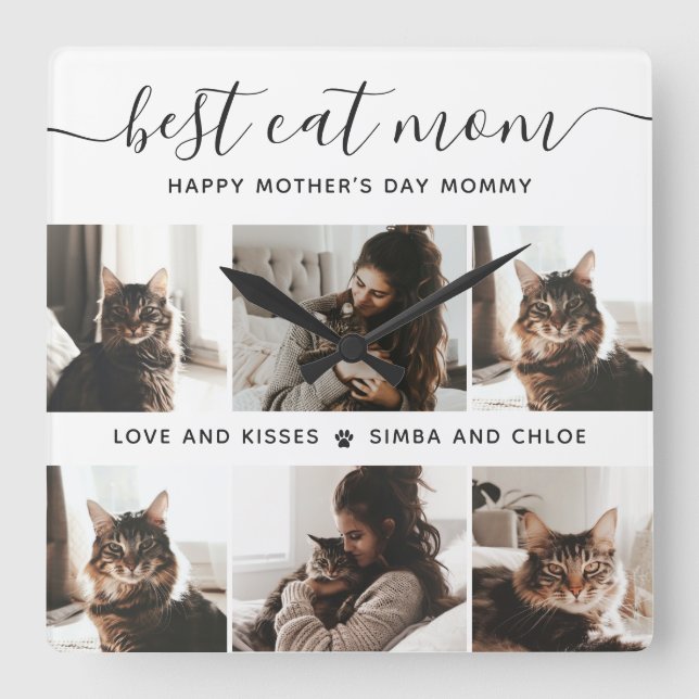 Beste Cat-Mama: Custom Mother's Day Cat Foto Quadratische Wanduhr (Vorderseite)