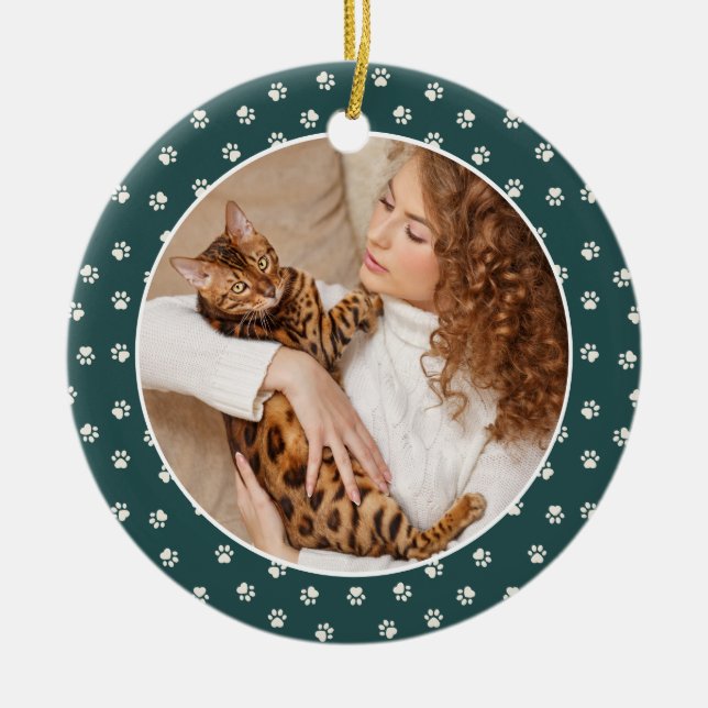 Beste Cat Mama je Paw Muster Foto Keramik Ornament (Vorne)