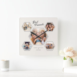 Beste Freunde 5 Foto-Collage zum Aufbewahren Quadratische Wanduhr