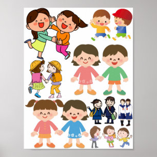 Beste Freunde Cartoon Mädchen und Jungen Kunst Poster