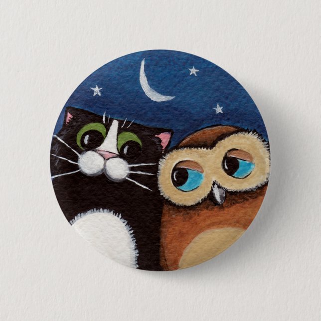 Beste Freunde - Eulen-und Katzen-Kunst-Knopf Button (Vorderseite)