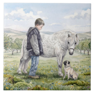 Beste Freunde - Kind mit Pony und Hund in einem Ob Fliese
