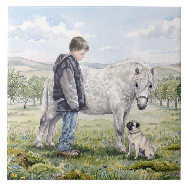 Beste Freunde - Kind mit Pony und Hund in einem Ob Fliese (Vorderseite)