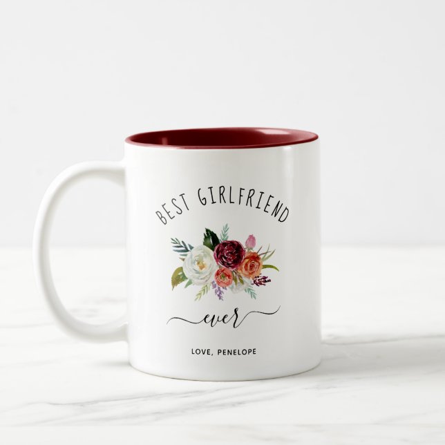 Beste Freundin je | Trendy Burgundy Boho Floral Zweifarbige Tasse (Links)