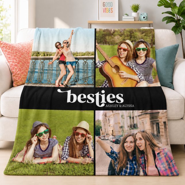Beste Freundinnen 4 Foto Fleecedecke (besties bff best friends black and white typography 4 photo collage blanket)