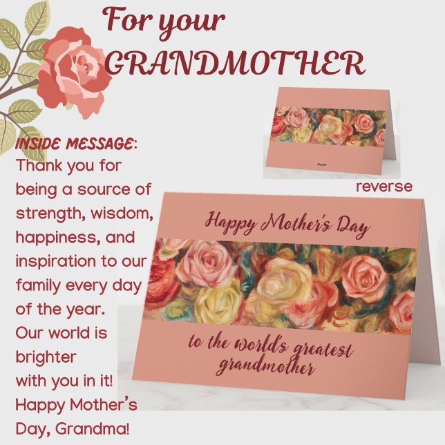 "Beste Großmutter" Rose am Muttertag Karte (A beautiful floral roses Mother's Day card for your special grandmother! All text customizable.)