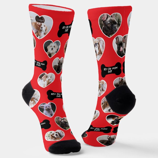 Beste Hunde-Mama 16 Herz-Shaped Pet Foto Collage Socken (Gewinkelt)