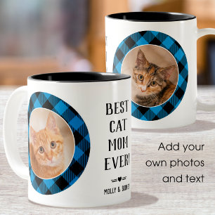 Beste Katze Mama je Buffalo Kariert Blue Foto Name Zweifarbige Tasse