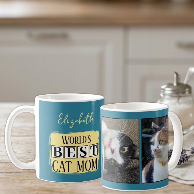 Beste Katze Mutter 2 Foto Name blau gelb Kaffeetasse (Von Creator hochgeladen)