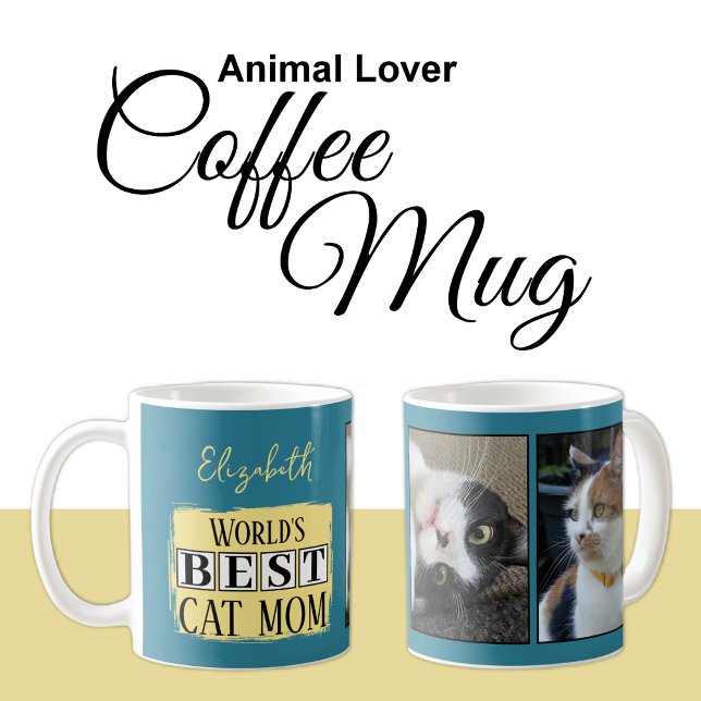 Beste Katze Mutter 2 Foto Name blau gelb Kaffeetasse (Von Creator hochgeladen)