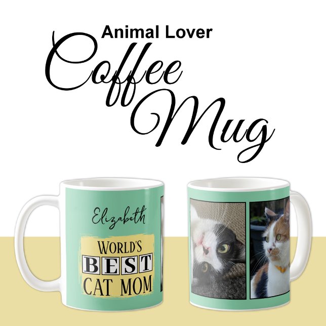 Beste Katze Mutter 2 Foto Name grün gelb Kaffeetasse (Von Creator hochgeladen)