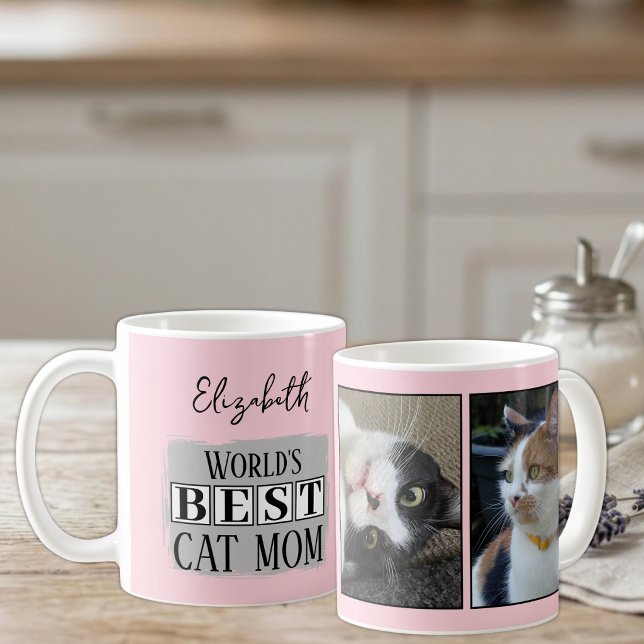 Beste Katzenmutter 2 Foto Name pink grau Kaffeetasse (Von Creator hochgeladen)