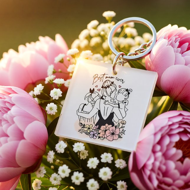 Beste Mama aller Mütter, Kinder und Blume Schlüsselanhänger (Best Mom Ever Floral Mother & Kids Illustration Keychain)