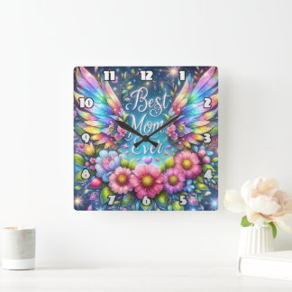 Beste Mama: Engel Wings, Blumentribut Quadratische Wanduhr